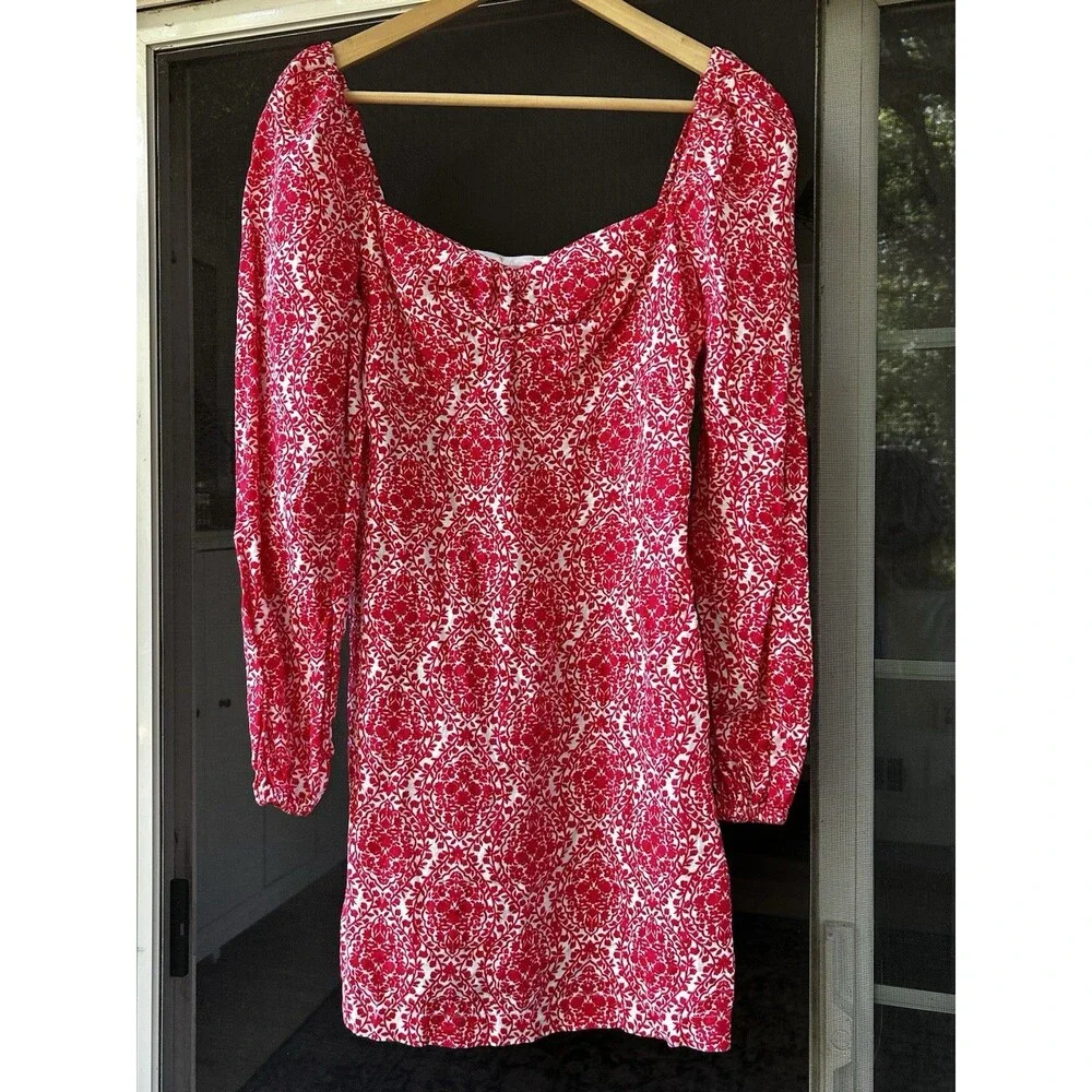 Boden 100% Linen Red White Damask Floral Dress Size 4 Puff Sleeve Short Garden